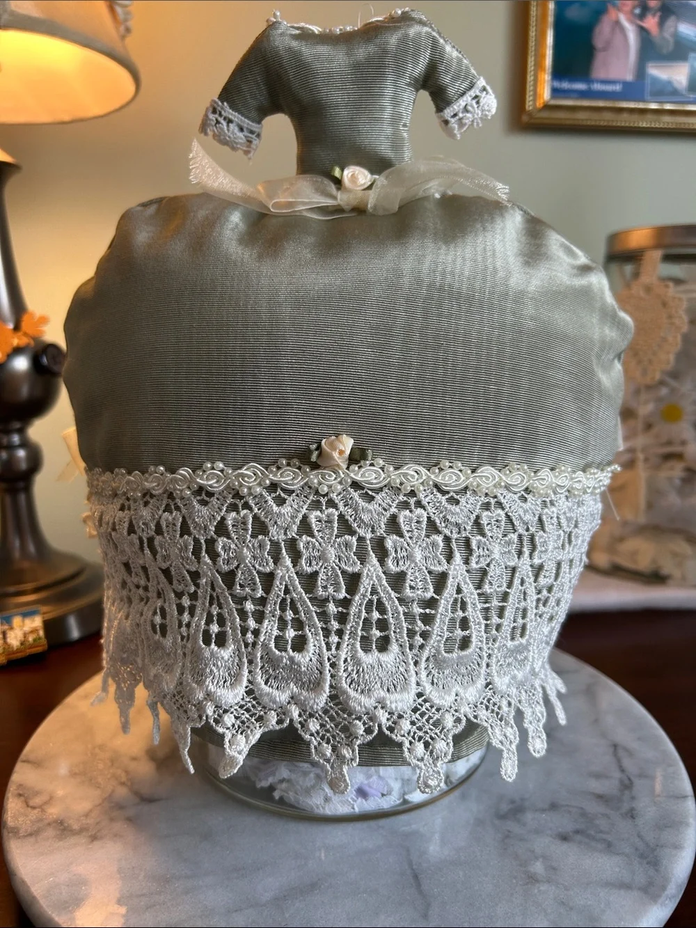 Tea pot cozy from Sweet Necessi Teas lace pearls satin bows roses formal.